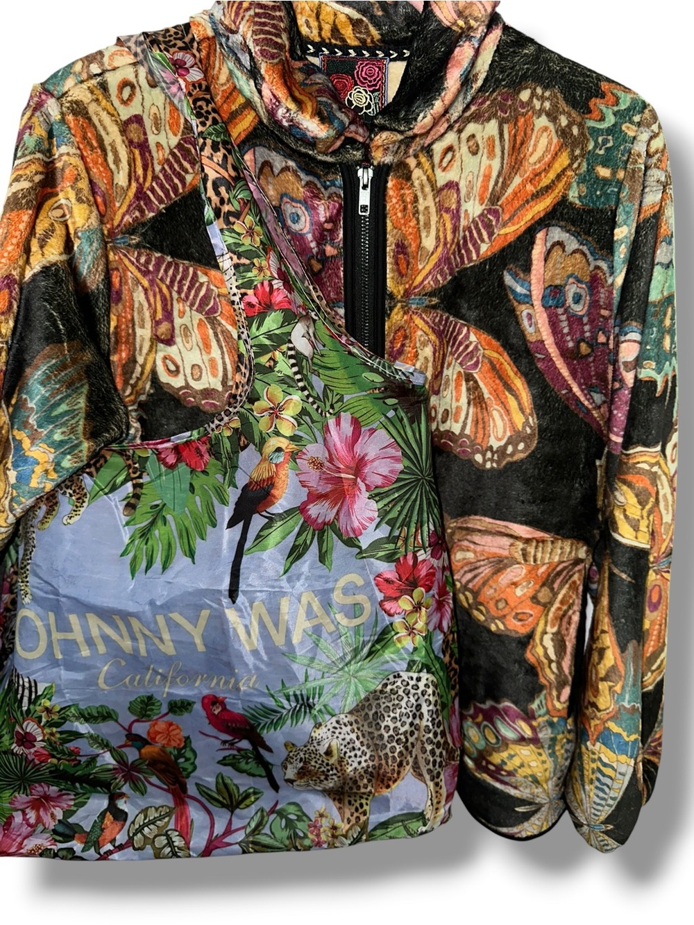 Johnny Was SZ L Black Butterfly Motif Zip Jacket FREE BONUS BAG FLEECE COMFY